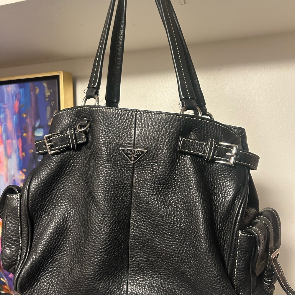 black Prada Vitello Daino leather tote bag